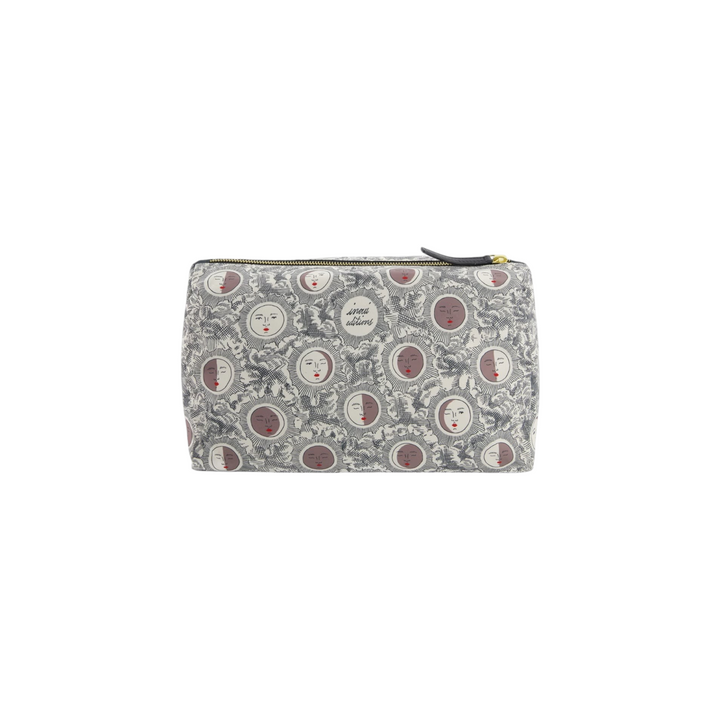 The Tiny Finch medium pouch in off-white polyester with a celestial moon phase print and bovine leather trim.