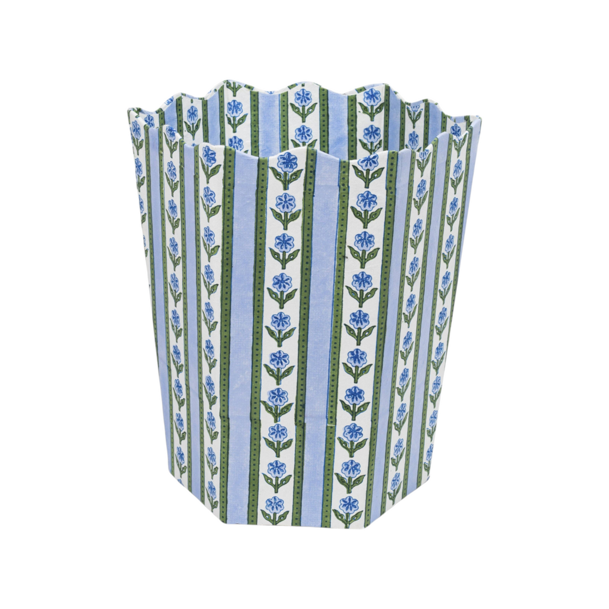 The Tiny Finch blue floral blockprint recycled cotton storage bin with a decorative scalloped top edge.