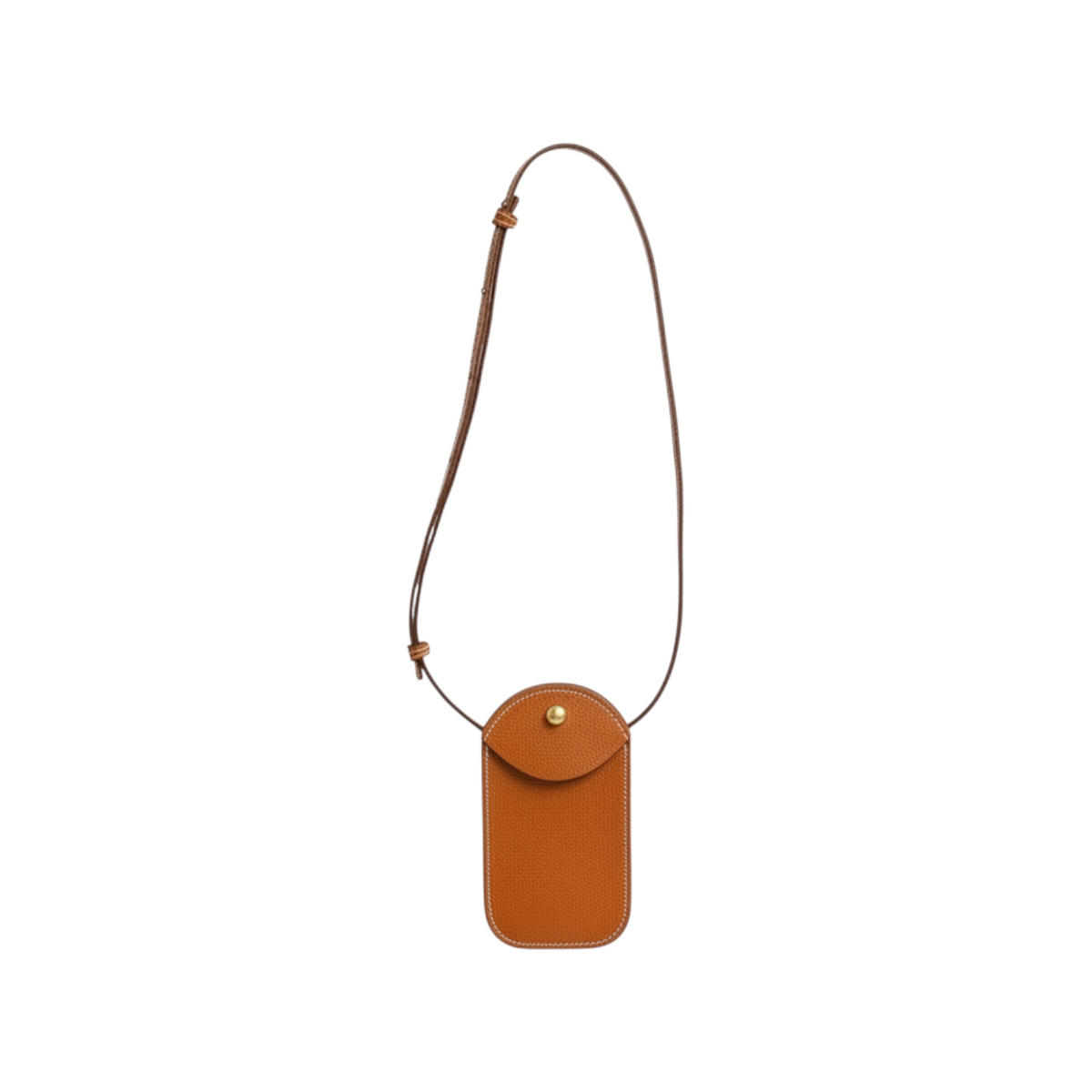 The Tiny Finch Segui brown leather crossbody phone bag with an adjustable strap and gold snap button closure.