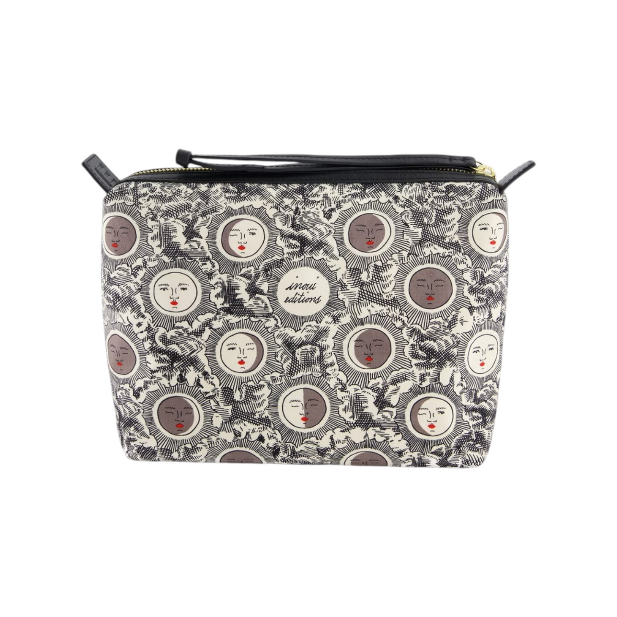 The Tiny Finch Eclipse large cotton pouch featuring a celestial moon phase print with black leather handle details.