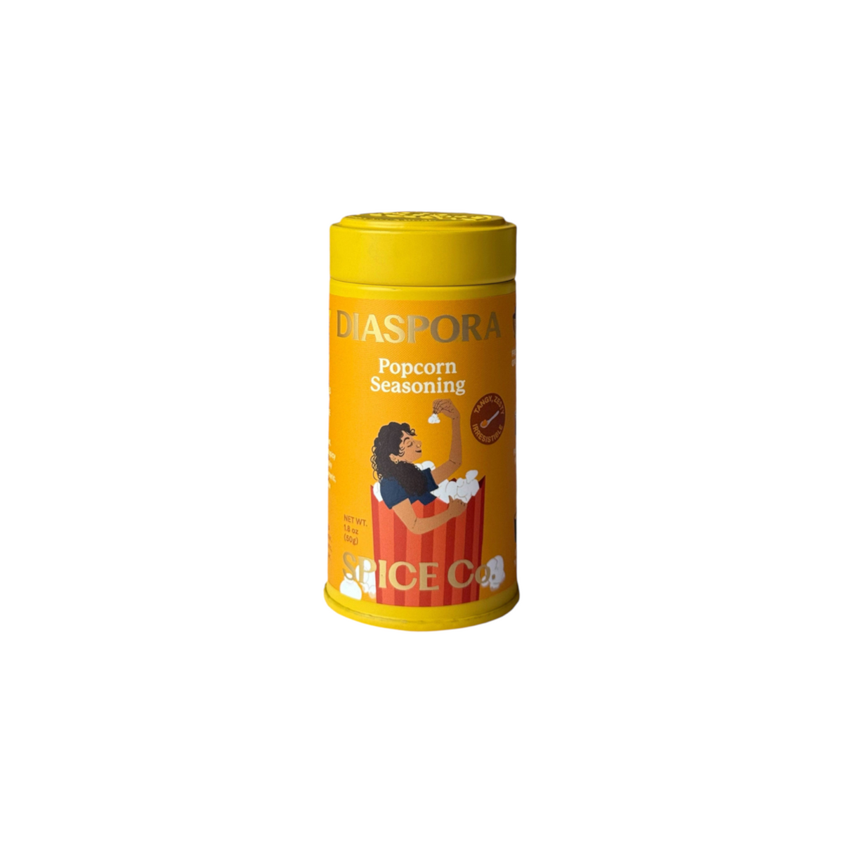 The Tiny Finch Diaspora Popcorn Seasoning in a yellow round tin surrounded by a vibrant spread of raw spices.