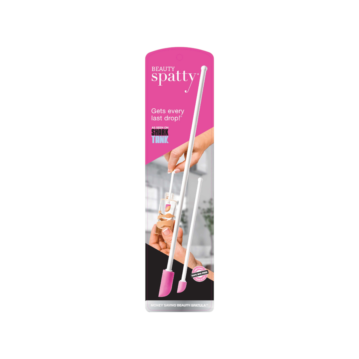 The Tiny Finch Beauty Spatty set featuring two pink silicone spatulas for retrieving leftover makeup and lotion