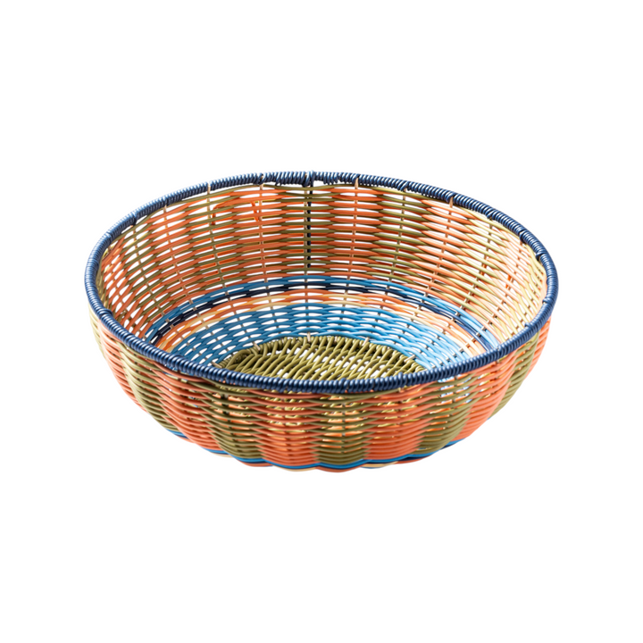 The Tiny Finch Maegen hand-woven bowl in peach, blue, and green polypropylene with a textured faux rattan design.