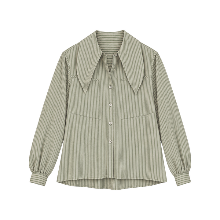 The Tiny Finch Jonas Top Stripe in sage green with a pointed collar, button-down front, and long cuffed sleeves.