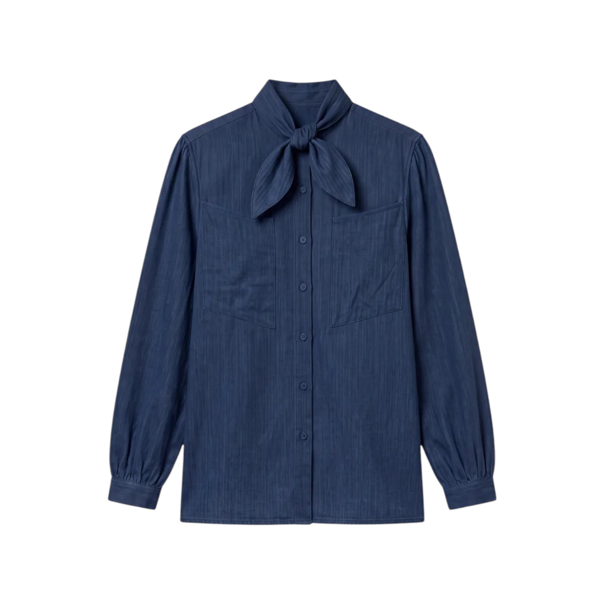 The Tiny Finch Love Binetti navy cotton denim blouse with a neck tie, button front, and oversized patch pockets.