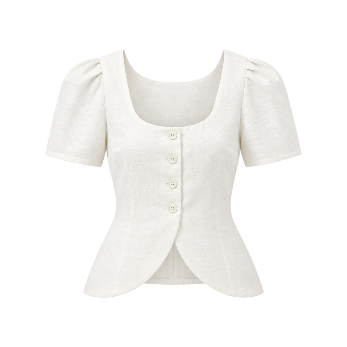 The Tiny Finch Audrey white linen vest with scoop neckline, button front, and gathered cap sleeves.