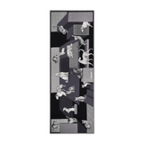 The Tiny Finch Le Cheris black wool scarf featuring a geometric pattern with illustrated cats and dogs.
