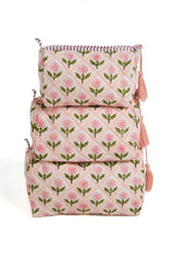 Mona Block Print Makeup Bag in Pink: Set of 3