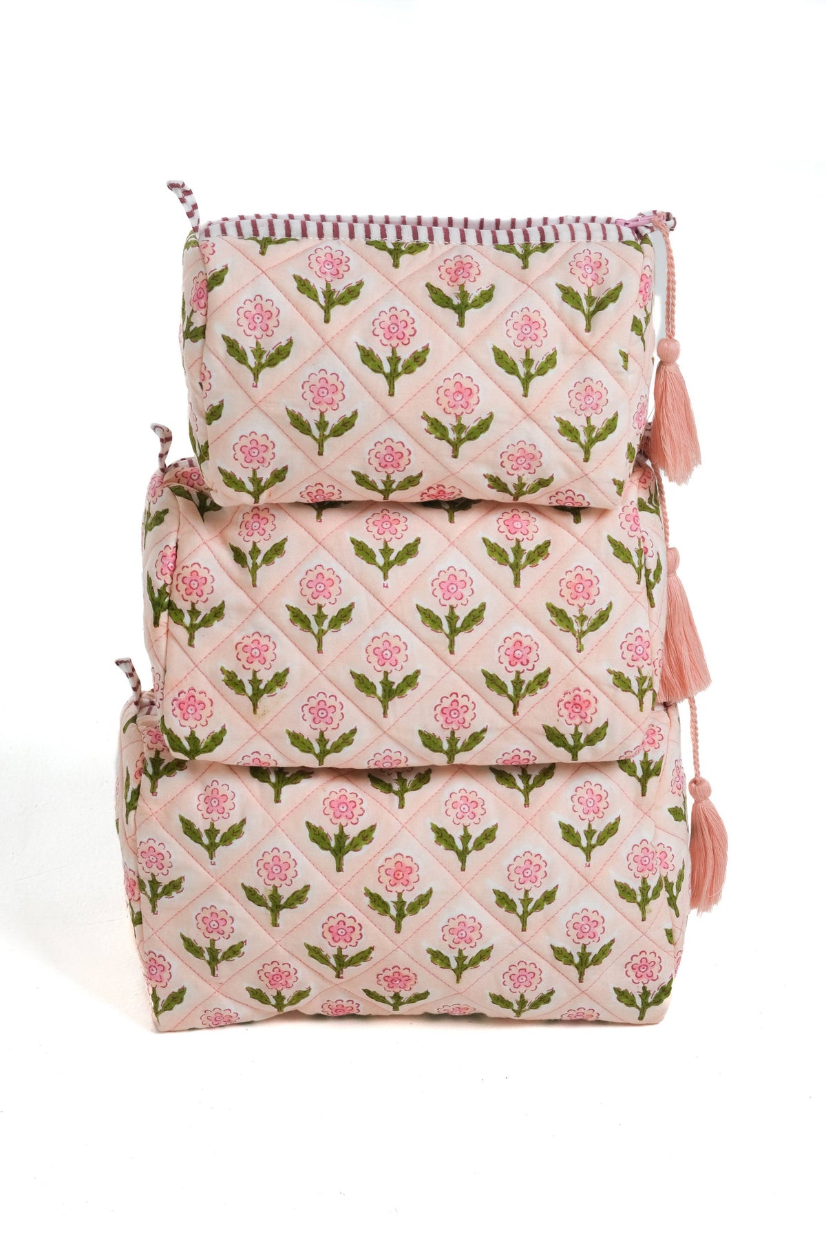 Mona Block Print Makeup Bag in Pink: Set of 3