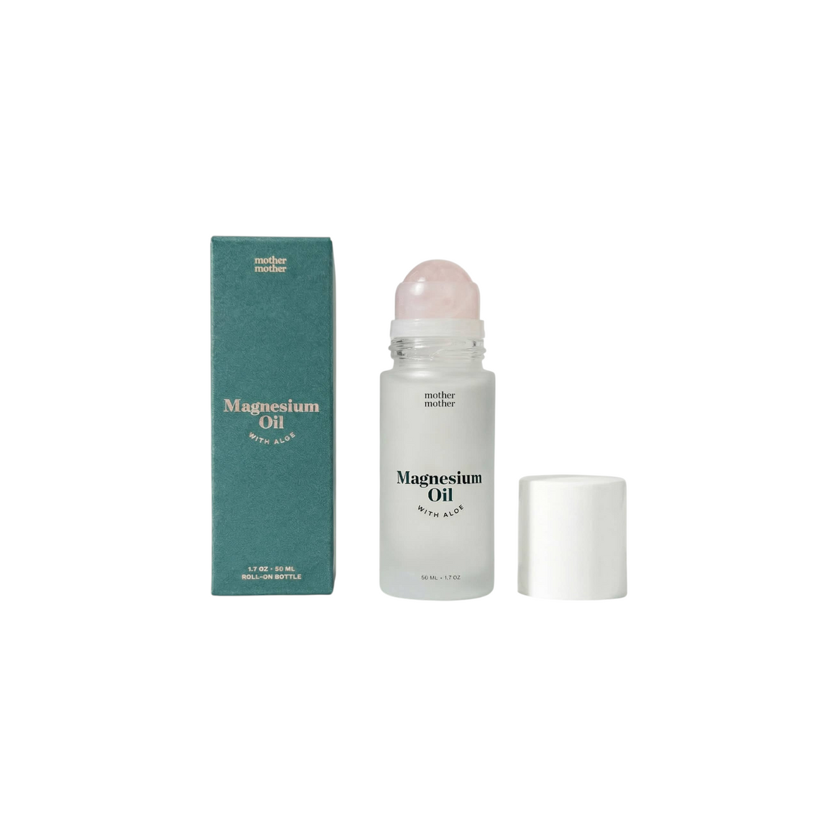 The Tiny Finch Mother Mother magnesium oil roll-on with a rose quartz roller, aloe, and glycerin in a glass bottle.