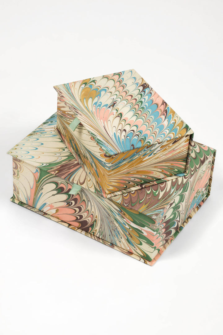 Hand-Marbled Keepsake Box Set in Flatiron Feathers: Set of 2