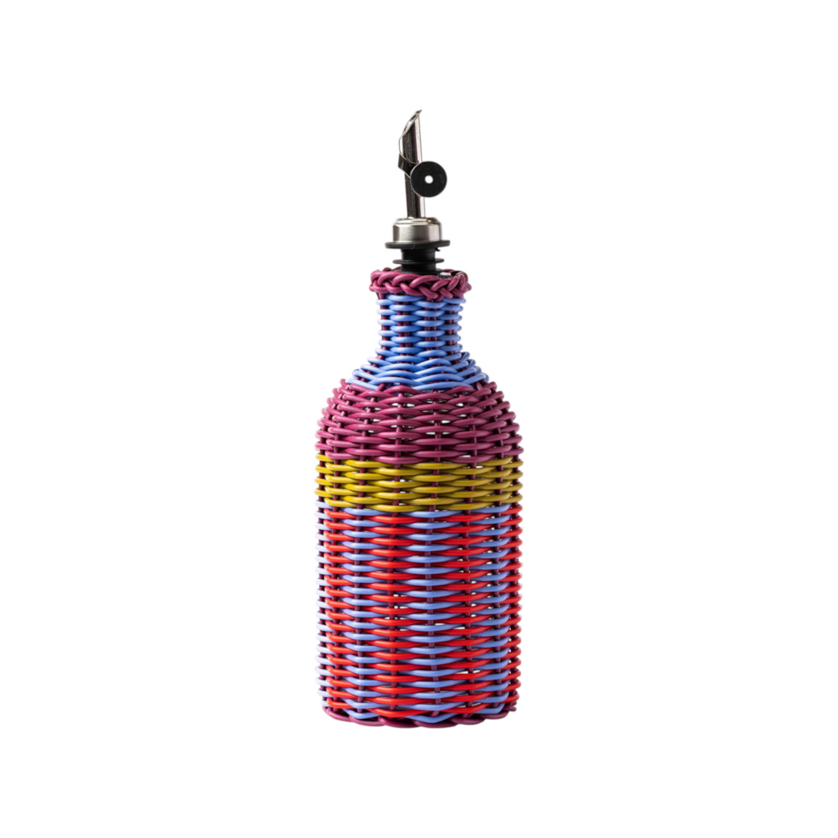 The Tiny Finch Maegen oil pourer in cornflower blue, red, and yellow with a hand-woven faux rattan polypropylene finish.