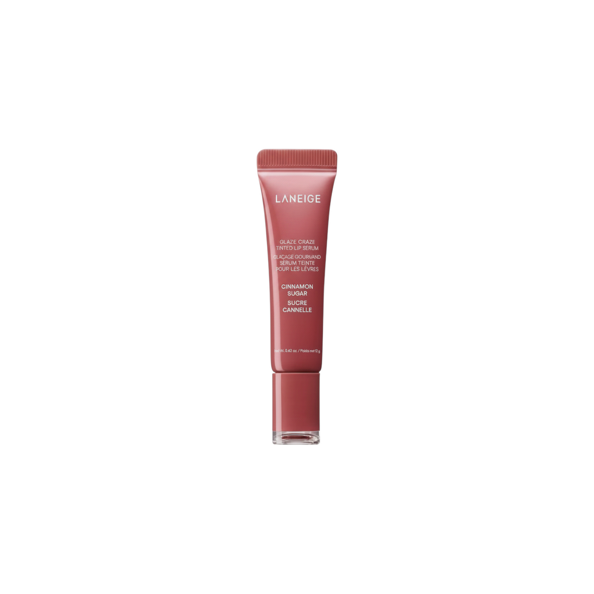 The Tiny Finch Laneige Glaze Craze tinted lip serum in Cinnamon Sugar, a warm brown shade for plump, shiny lips.