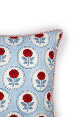 English Rose Blockprint Pillow Cover in Blue and Red: Blue / Pillow Cover