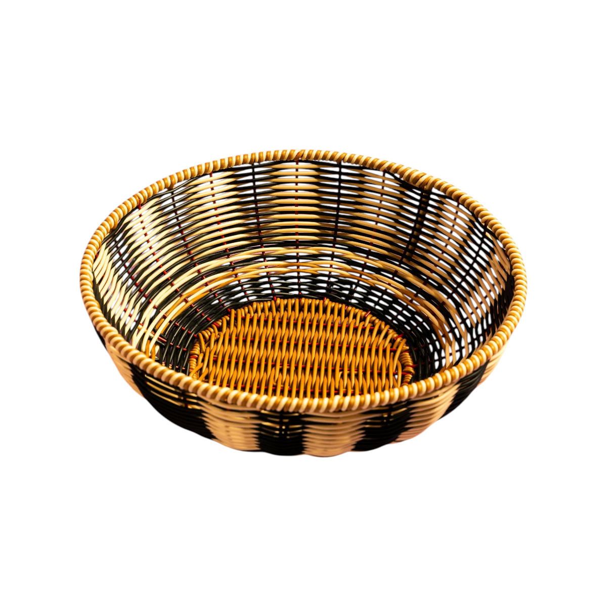 The Tiny Finch Maegen hand-woven bowl in black and cream polypropylene with a textured faux rattan design.