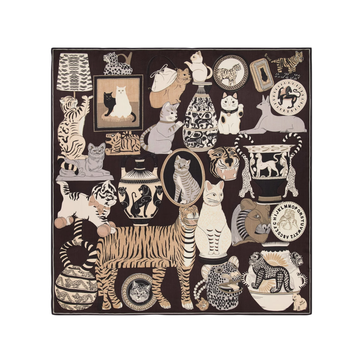 The Tiny Finch Square Collectionneur black silk and modal scarf featuring an intricate print of various cat figures.