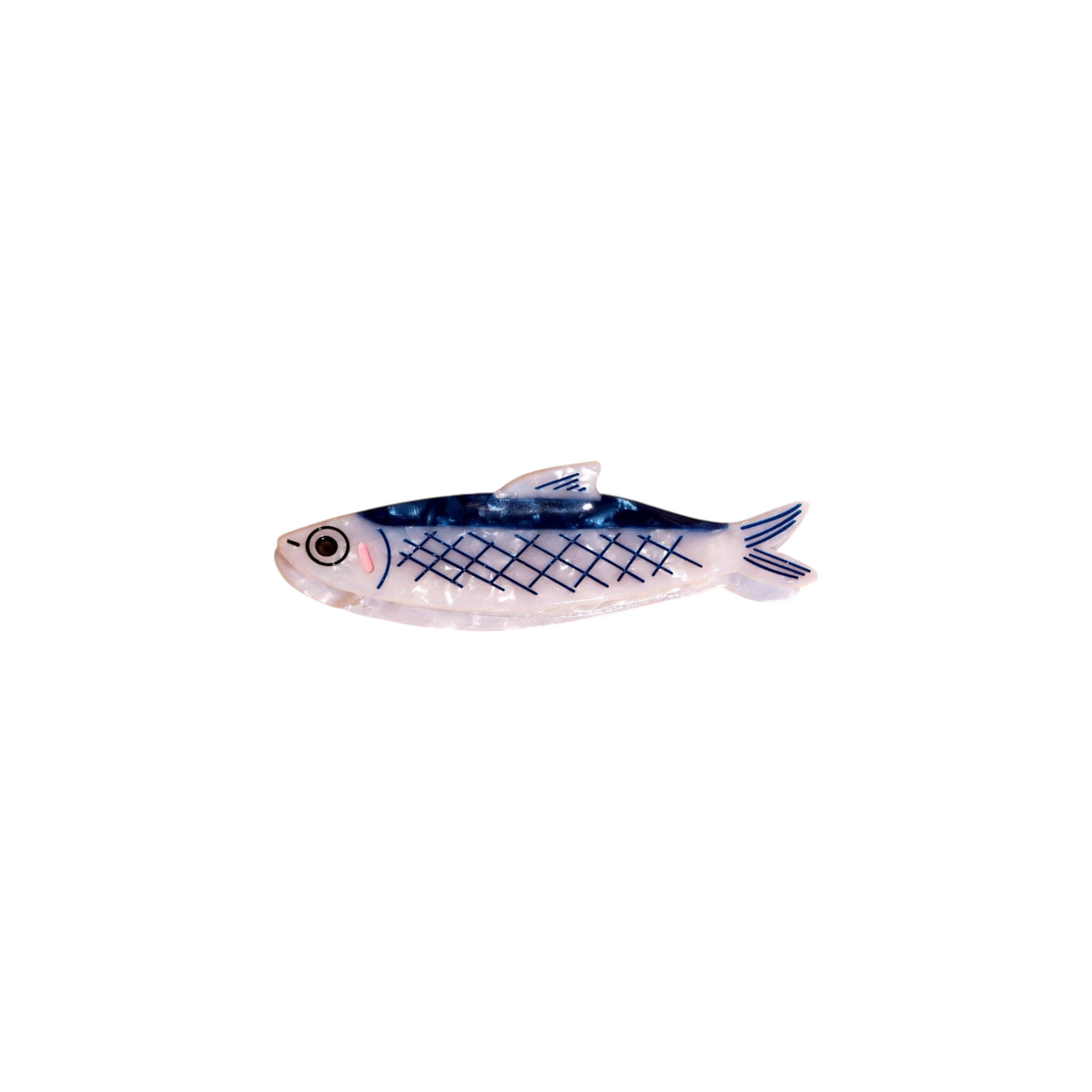 The Tiny Finch blue and white fish-shaped hair claw clip made from durable cellulose acetate.