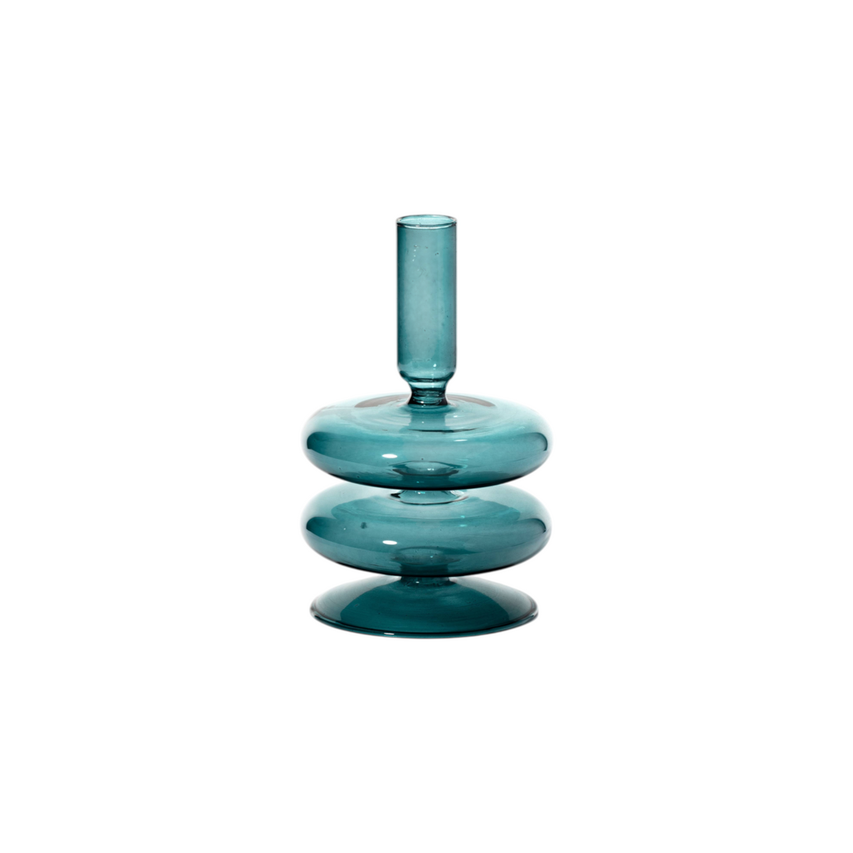 The Tiny Finch Maegen ocean teal glass taper candle holder with a stacked disc design on a white background.
