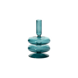 The Tiny Finch Maegen ocean teal glass taper candle holder with a stacked disc design on a white background.