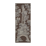 The Tiny Finch brown wool scarf featuring an Eiffel Tower toile de Jouy print with lush botanical garden details.