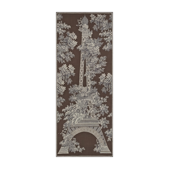 The Tiny Finch brown wool scarf featuring an Eiffel Tower toile de Jouy print with lush botanical garden details.