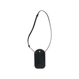 The Tiny Finch Segui black leather crossbody phone bag with an adjustable strap and gold stud closure.