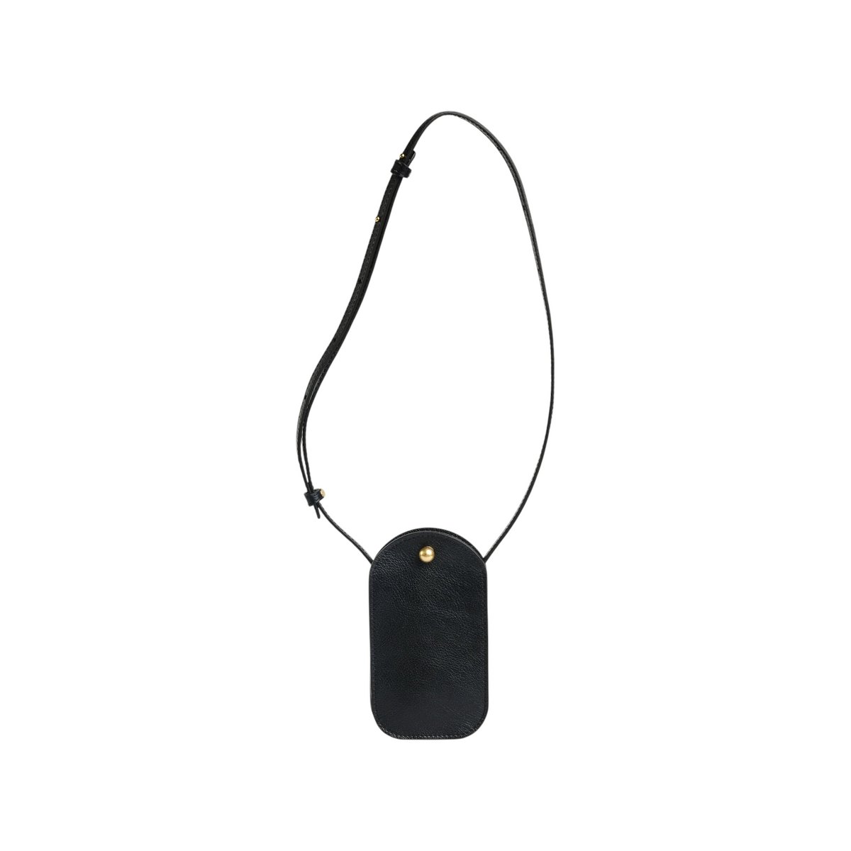 The Tiny Finch Segui black leather crossbody phone bag with an adjustable strap and gold stud closure.