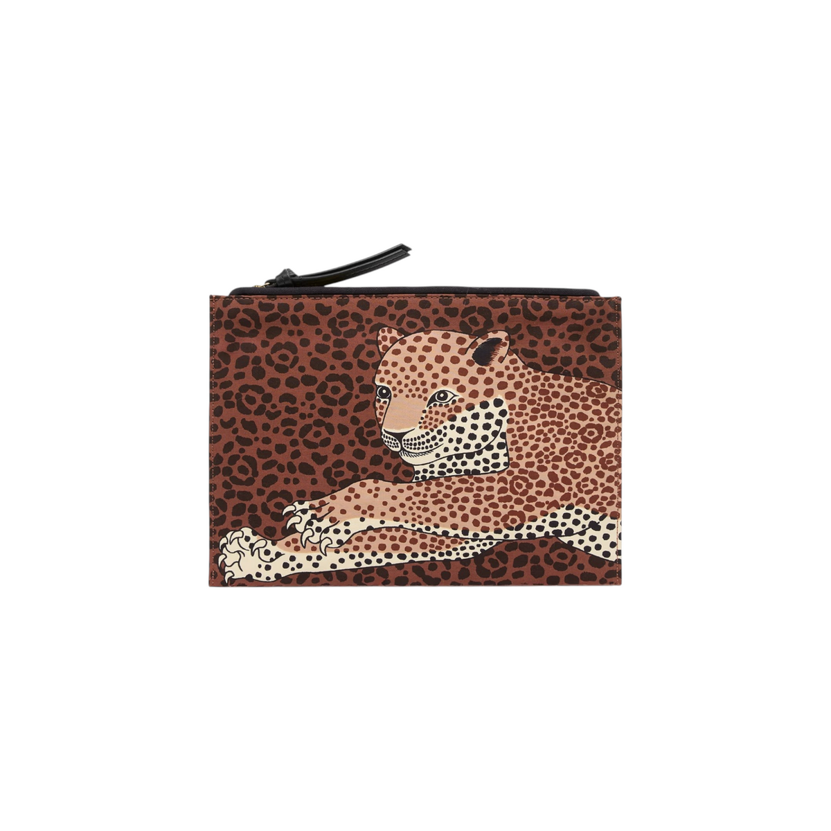 The Tiny Finch small brown cotton pouch featuring a leopard print design with a black leather zipper pull