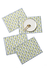 The Tiny Finch cotton placemats with blue forget-me-not floral blockprint and scalloped embroidered edges