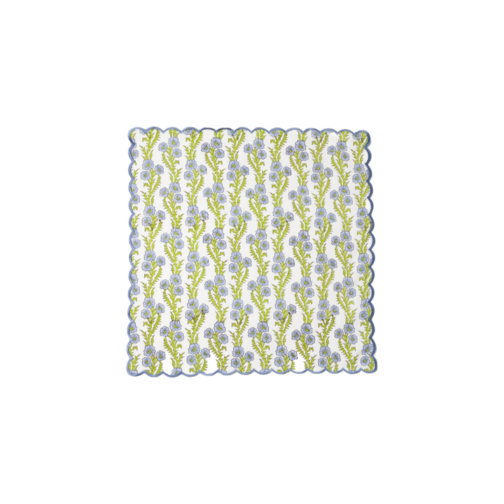 The Tiny Finch cotton napkin with blue forget-me-not floral blockprint and decorative scalloped embroidered edges.