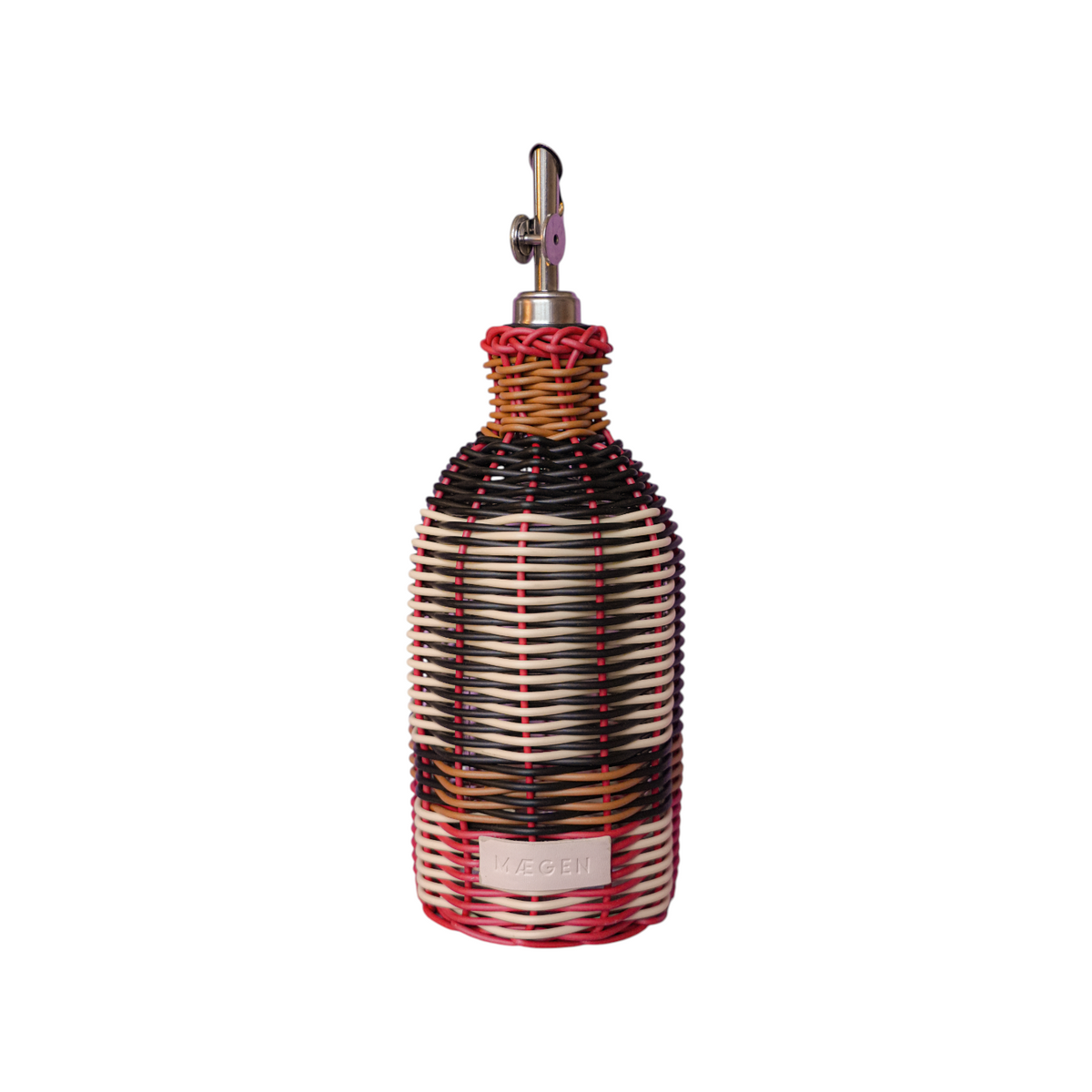The Tiny Finch Maegen oil pourer featuring a hand-woven black, red, and cream faux rattan glass bottle with a spout.
