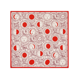 The Tiny Finch Square Eclipse red silk scarf featuring a celestial moon phase pattern with anthropomorphic faces.