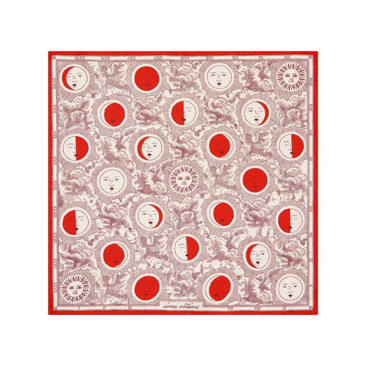 The Tiny Finch Square Eclipse red silk scarf featuring a celestial moon phase pattern with anthropomorphic faces.