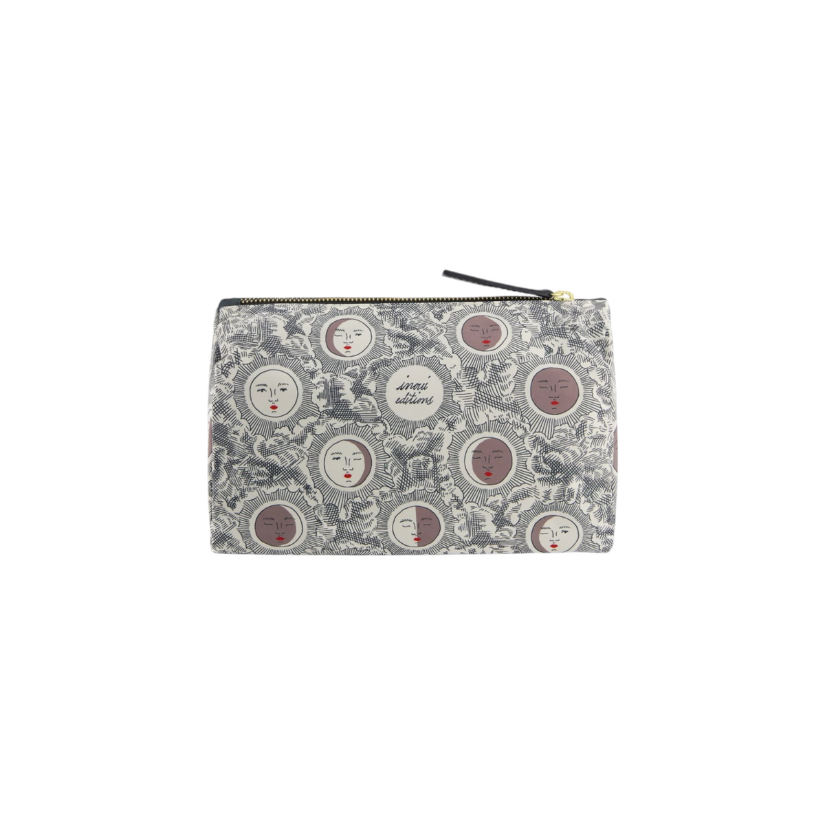 The Tiny Finch small off-white polyester pouch featuring a celestial moon phase print with leather accents.