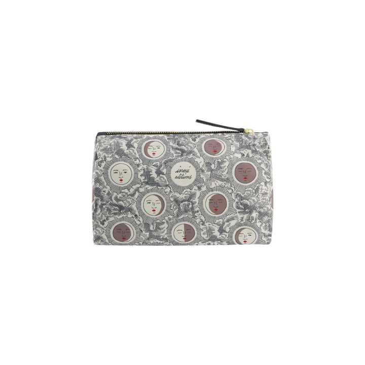 The Tiny Finch small off-white polyester pouch featuring a celestial moon phase print with leather accents.
