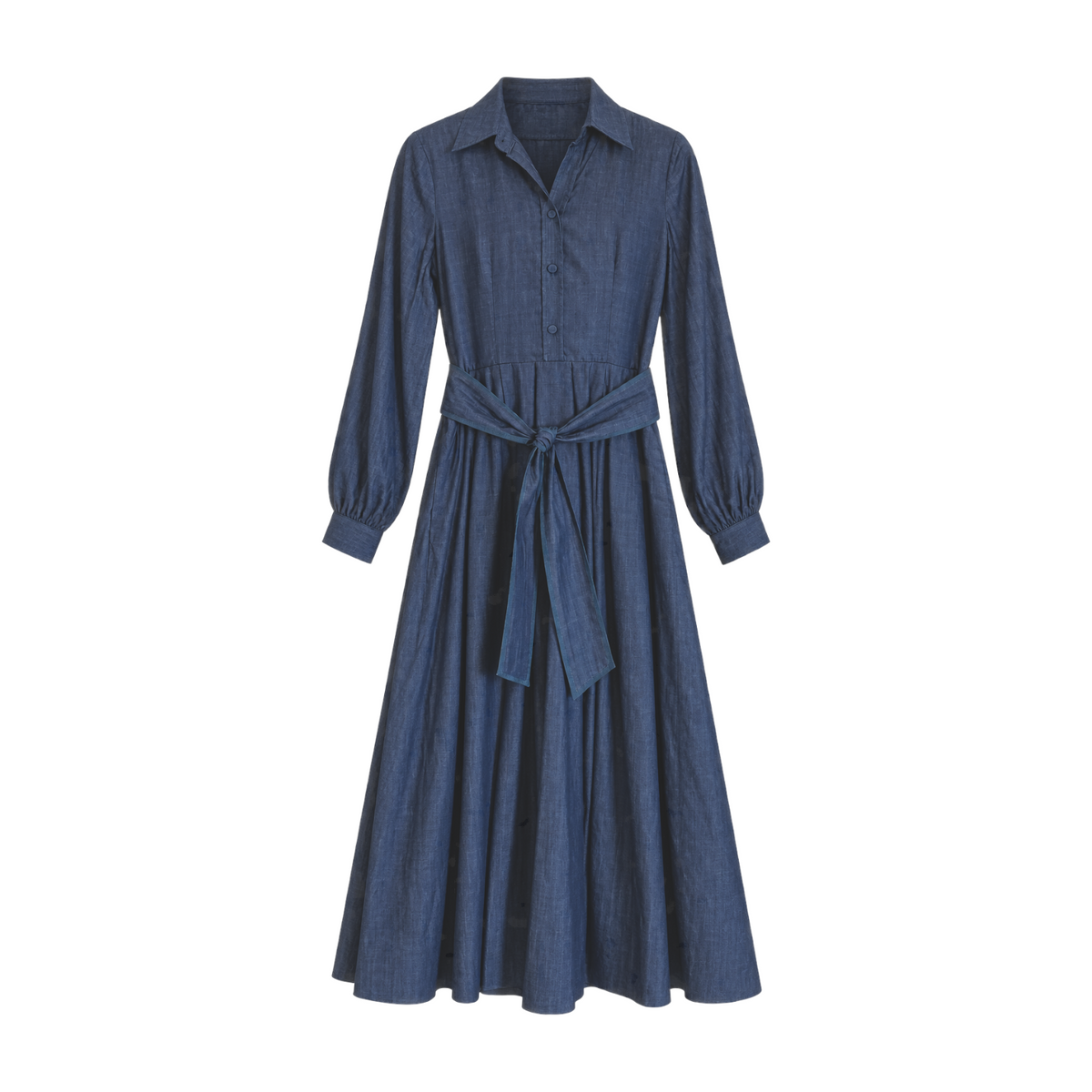 The Tiny Finch navy blue midi shirt dress with long sleeves, a collared neckline, and a matching waist tie belt.