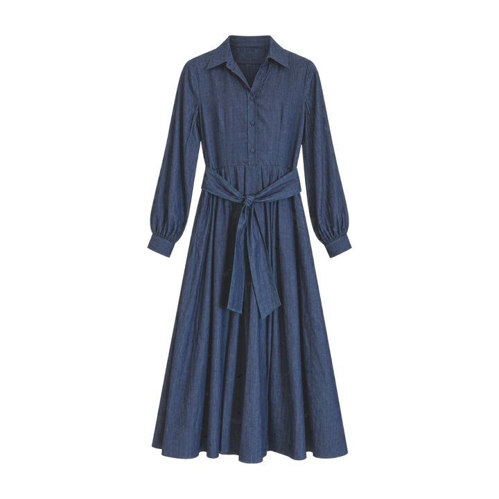 The Tiny Finch navy blue midi shirt dress with long sleeves, a collared neckline, and a matching waist tie belt.