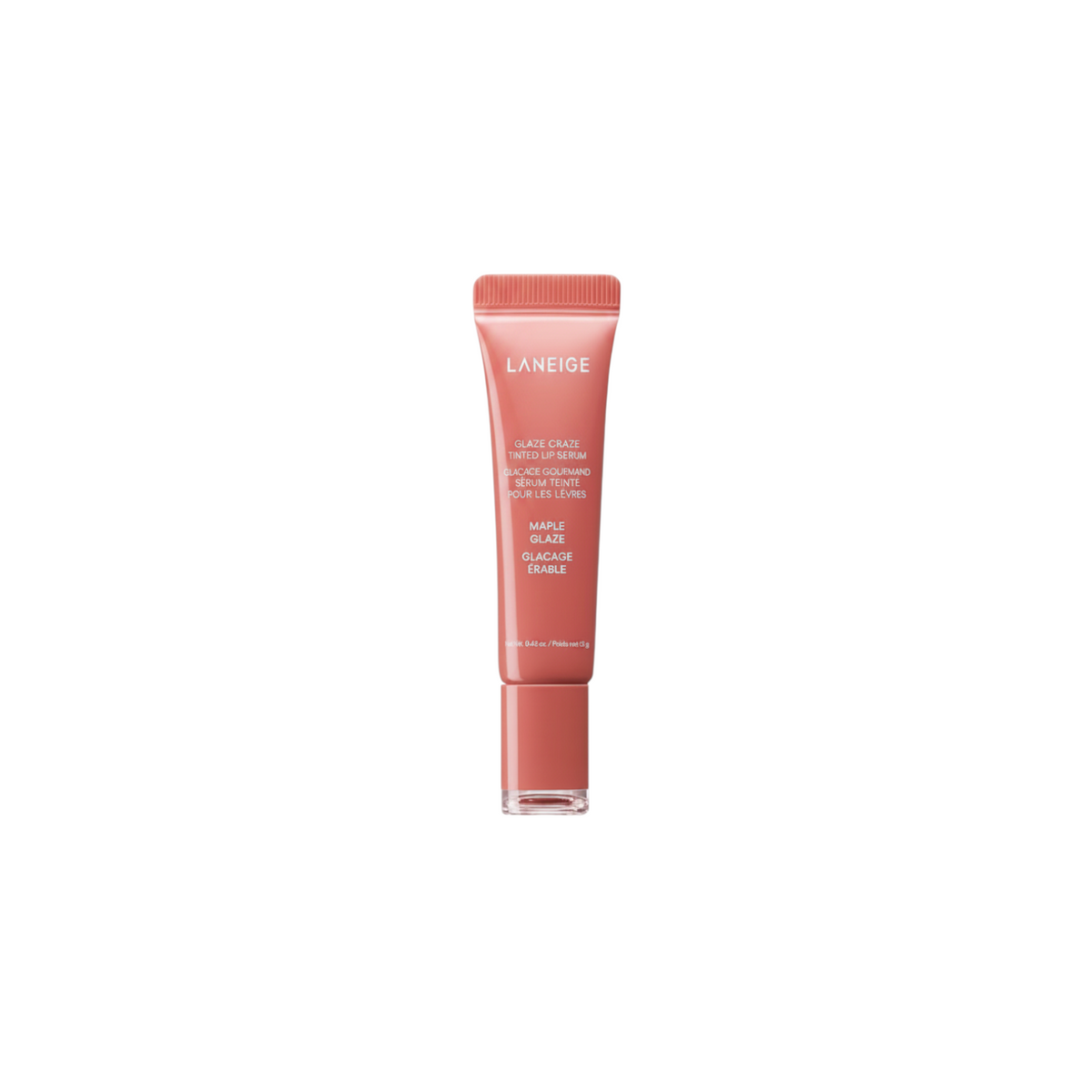 The Tiny Finch Laneige Glaze Craze Maple Glaze tinted lip serum in a warm-toned squeeze tube for plump, shiny lips.