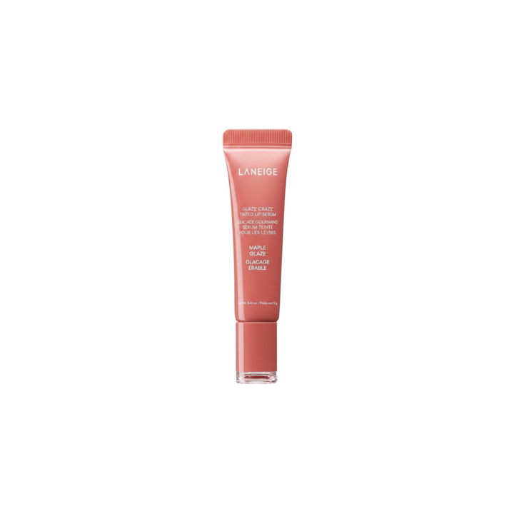 The Tiny Finch Laneige Glaze Craze Maple Glaze tinted lip serum in a warm-toned squeeze tube for plump, shiny lips.