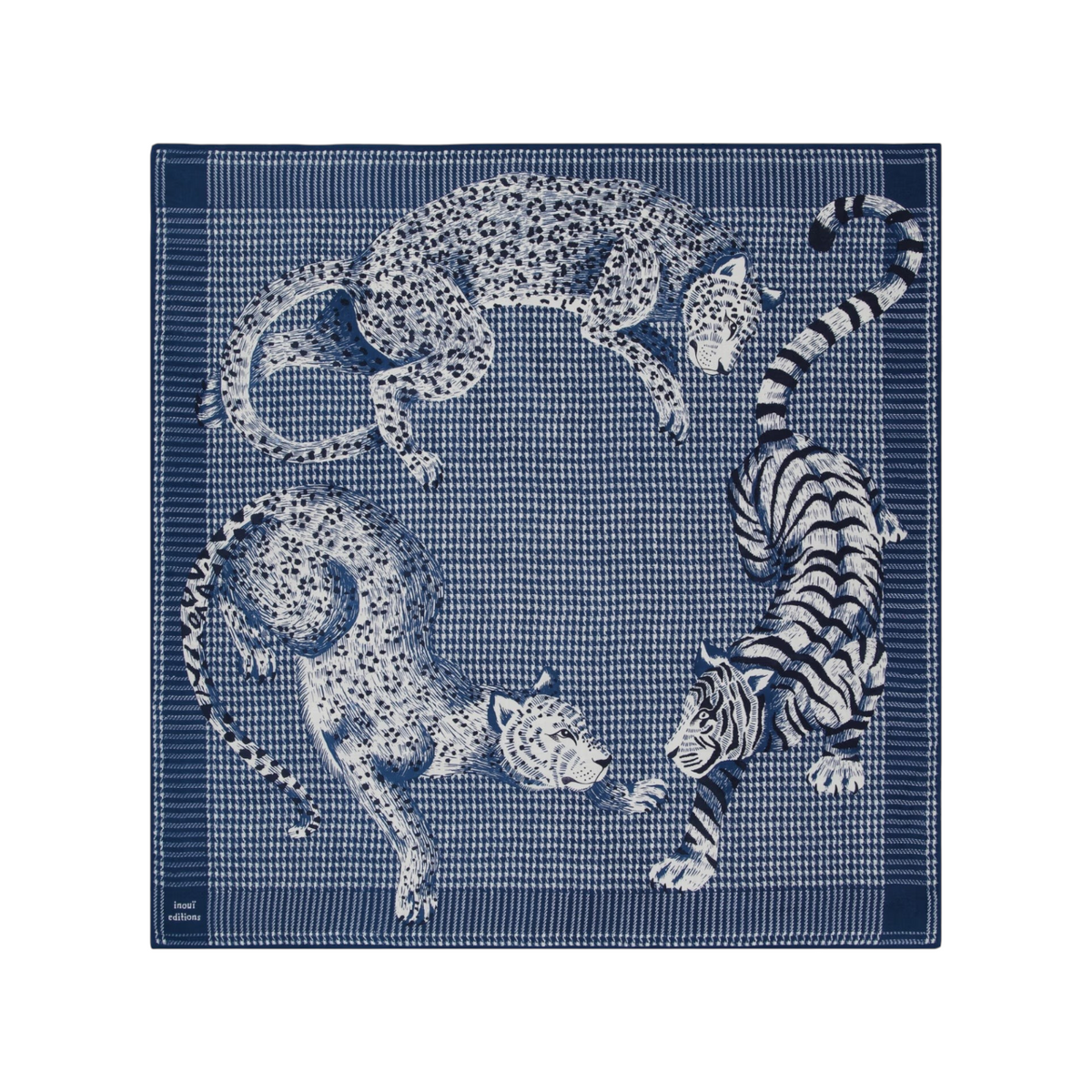 The Tiny Finch Square Jorgen blue wool and silk scarf featuring a leopard and tiger print on a houndstooth background.