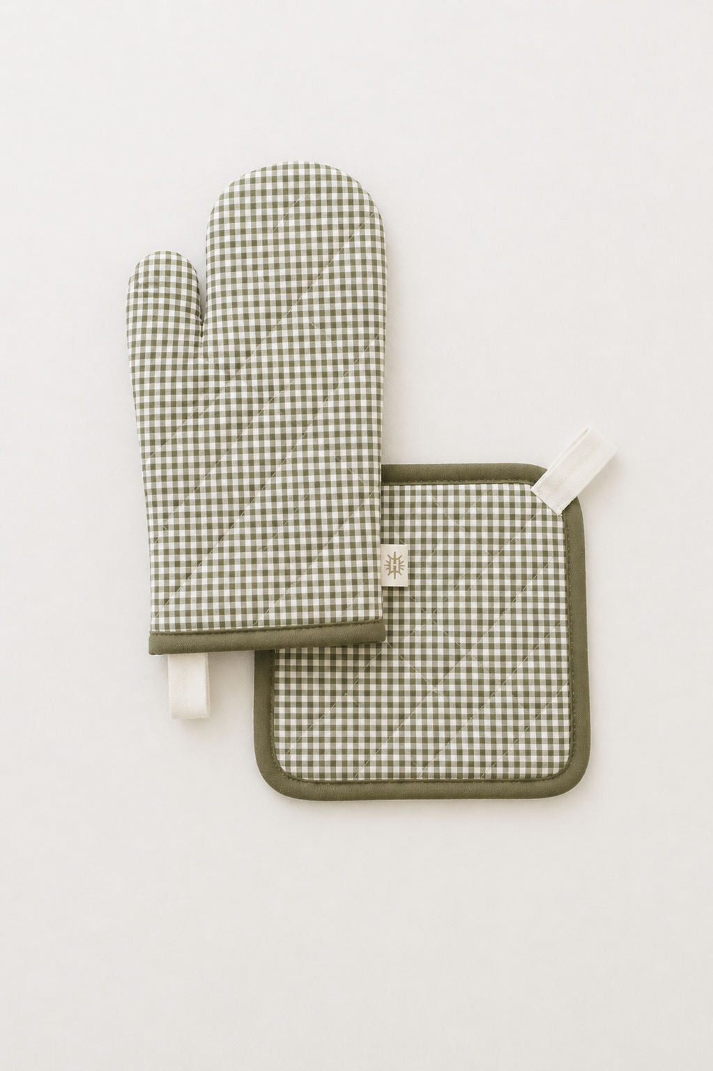 Oven Mitt + Potholder Set Olive Mini Gingham