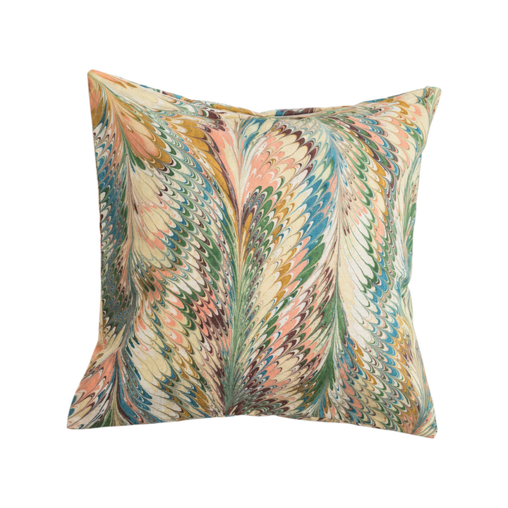 The Tiny Finch 18x18 square cotton pillow cover featuring a multi-colored hand-marbled feather pattern.