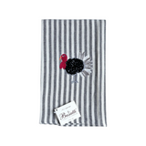 The Tiny Finch striped linen-cotton kitchen towel featuring a machine-embroidered turkey and geometric design.