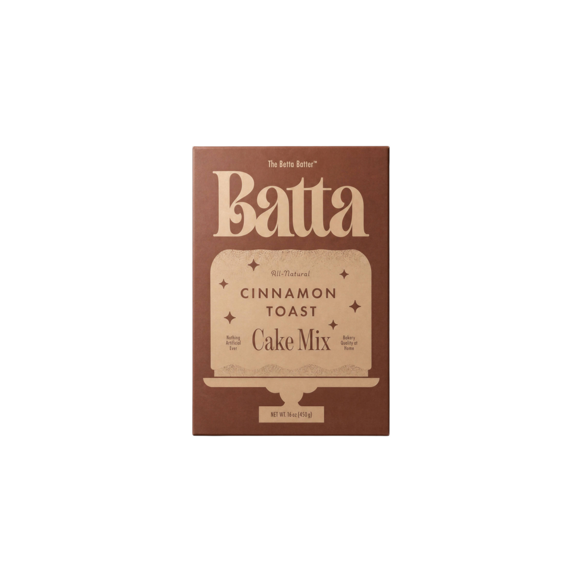 The Tiny Finch Batta Cinnamon Toast cake mix box in brown packaging with elegant typography on a solid brown background