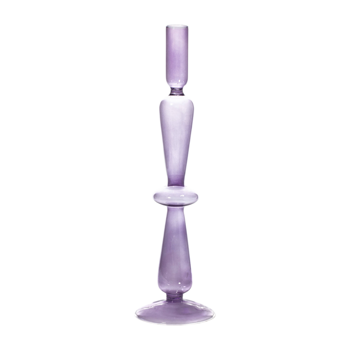 The Tiny Finch Maegen lilac glass taper candle holder with a tall, elegant, and sculptural silhouette.