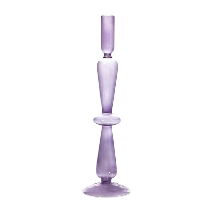 The Tiny Finch Maegen lilac glass taper candle holder with a tall, elegant, and sculptural silhouette.