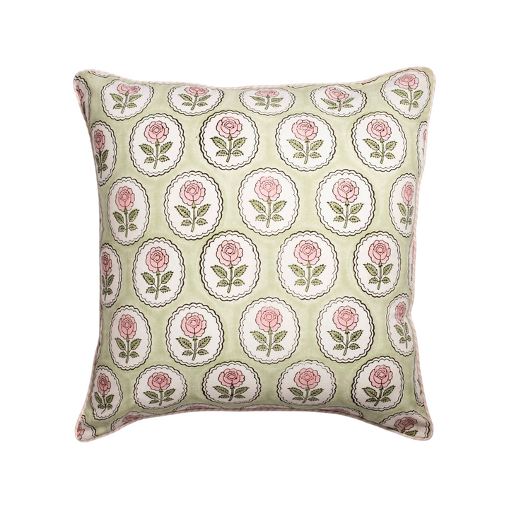 English Rose Blockprint Pillow Cover in Pink and Green: Green / Pillow Cover