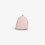The Tiny Finch small grapefruit pink nylon pouch with leather trim and a side view showing its flexible shape.