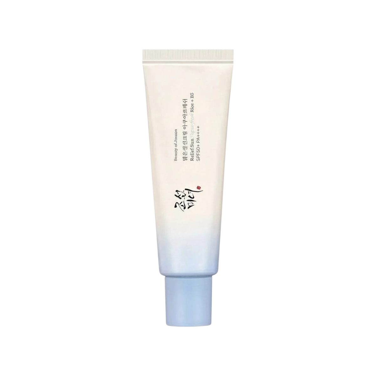 The Tiny Finch Relief Sun Aqua Fresh sunscreen tube with a white to blue gradient finish and SPF50+ protection.