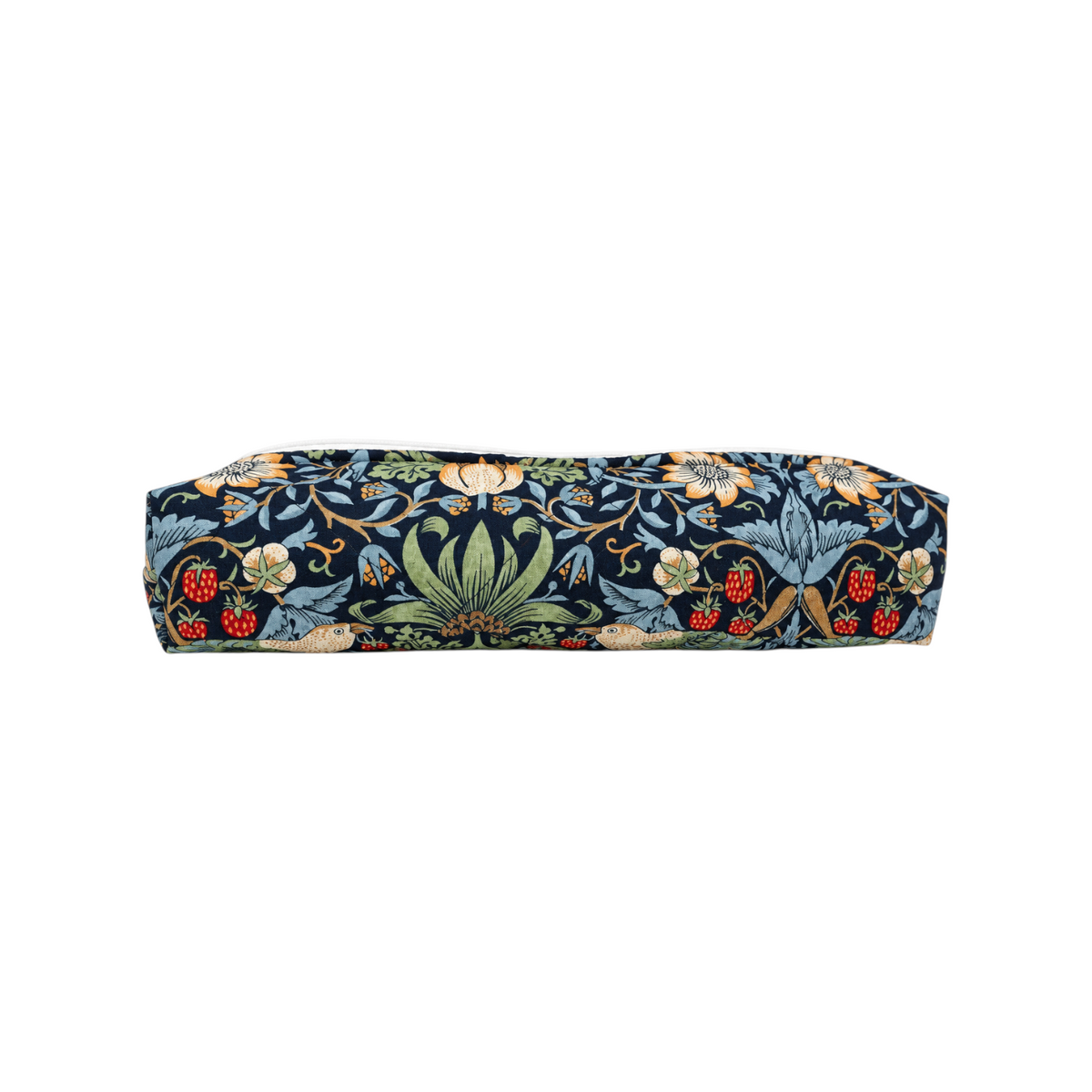 The Tiny Finch Morris hair tools bag in a regular size featuring a dark blue floral and strawberry William Morris print